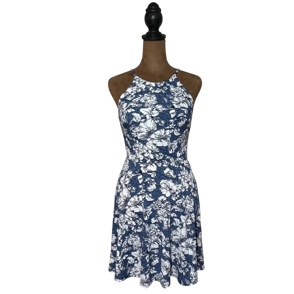 BCX Dress Womens XS Blue White Floral Halter Neck Fit & Flare Mini Dress Texture